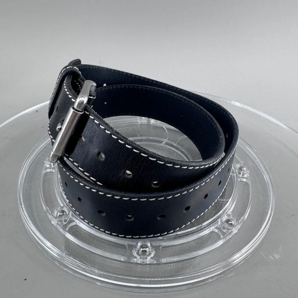 Genuine Italian Leather Belt Black Contrast Stitch Silver Buckle S/M USA Made